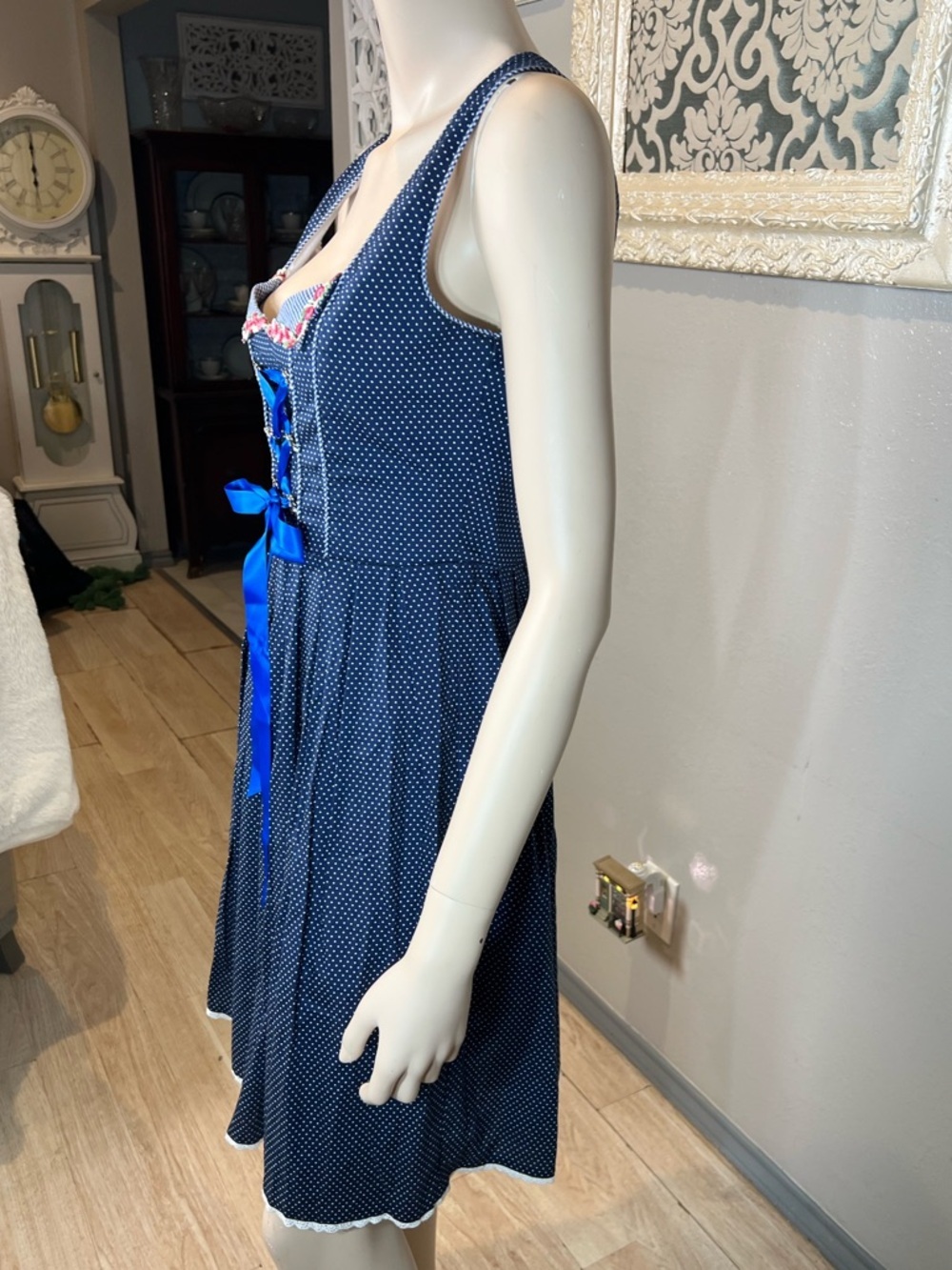 Navy Polka Dot Bavarian-Style Dress with Blue Ribbon - Picture 6 of 10